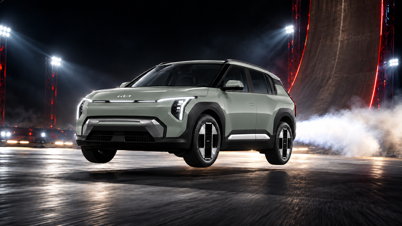 Ilustración conceptual de Kia EV3 flotando sobre una pista nocturna con propulsores de gas traseros y una rampa iluminada al fondo
